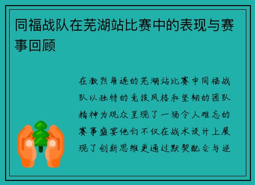 同福战队在芜湖站比赛中的表现与赛事回顾